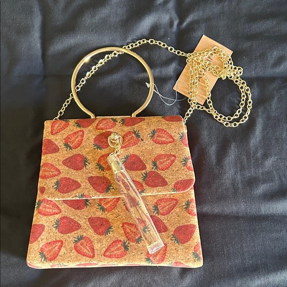 Handbags - NWT Strawberry Print Cork Crossbody Bag with Gold Chain